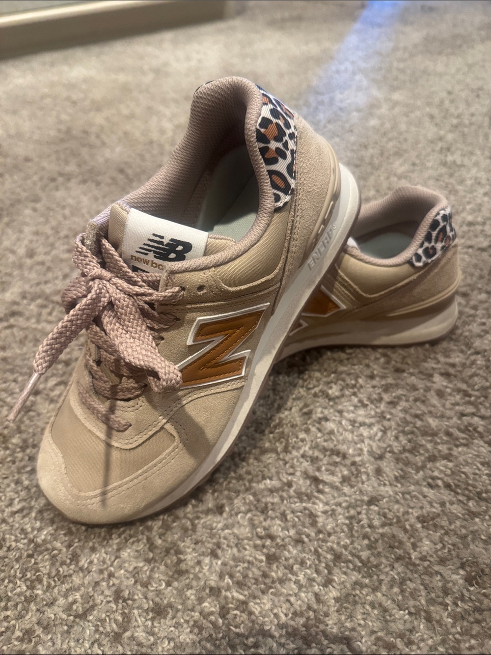 New Balance Tan Logo Leopard Accent Sneakers - Picture 2 of 7